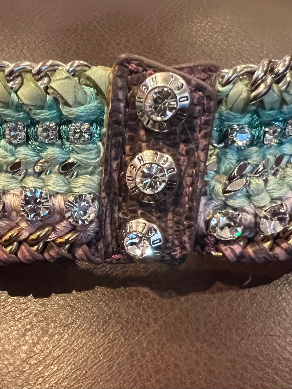 Henri Bendel Braided Leather Curb Link Multi-Color Bracelet Clear Crystal